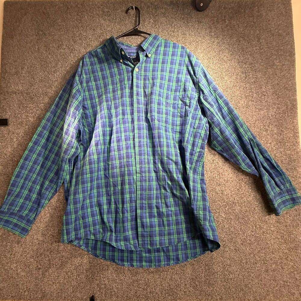 Chaps Men's 2XB Blue Green Plaid Easy Care Long Sleeve Casual Button Down Shirt